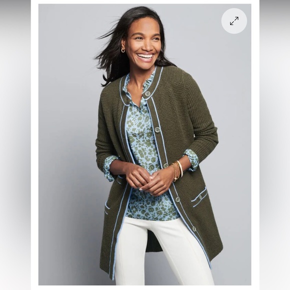 Talbots tipped textured cardigan sweater. Tuscan olive & blue sky. Size Mp NWT - Picture 14 of 15